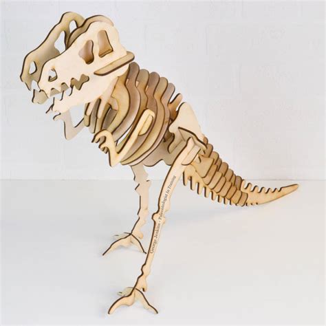 large wooden dinosaur skeleton models.